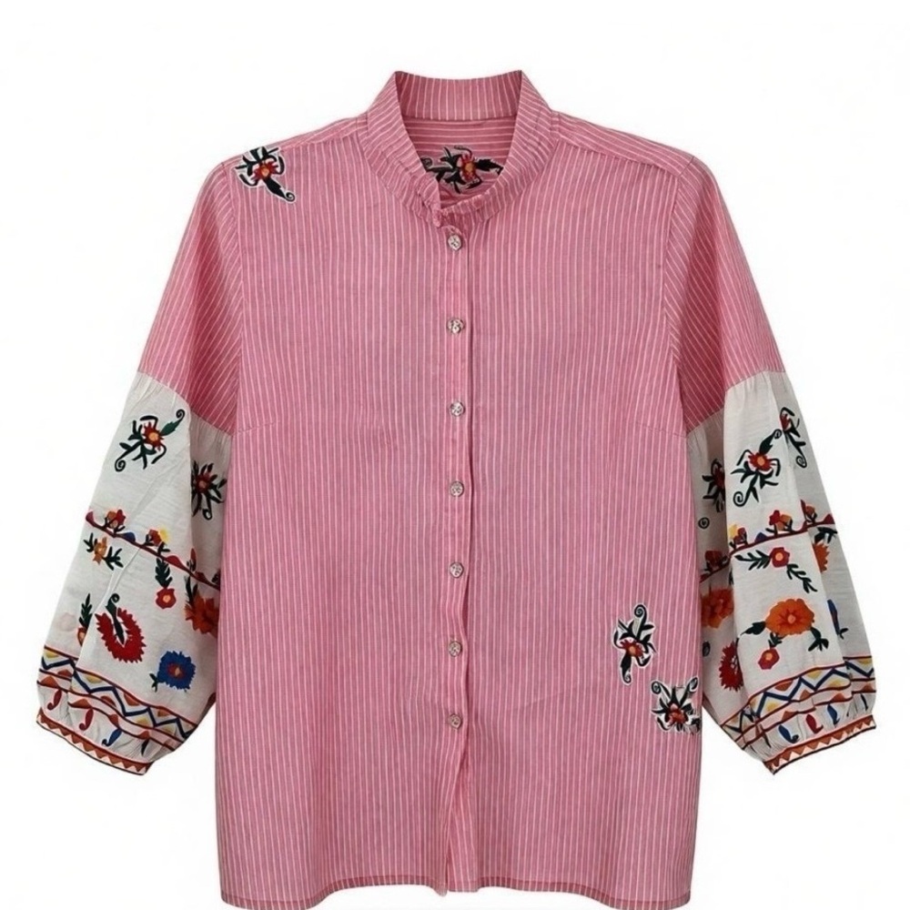 John Mark Pink Striped Embroidered Top – Floral Boho Artsy Blouse